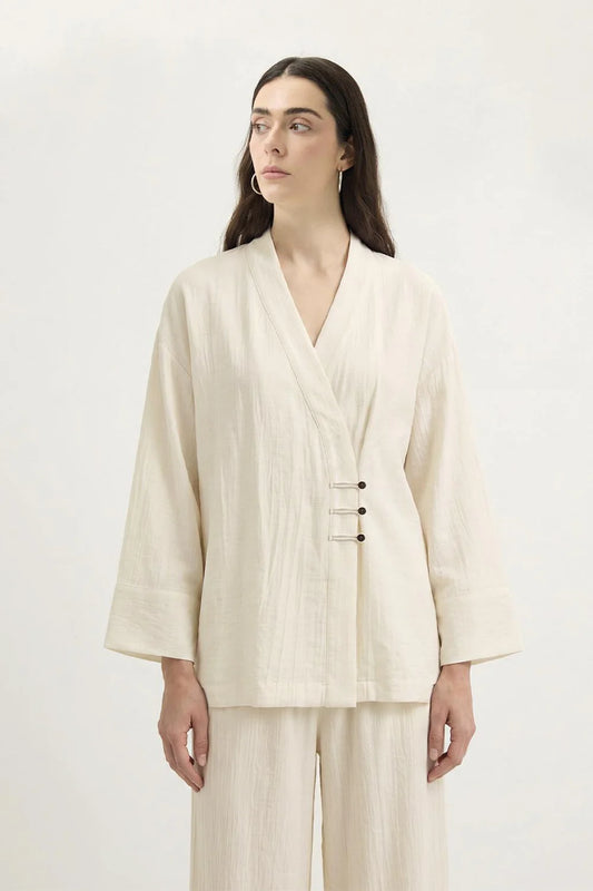Kimono Trousers Set with Strap Detail Ecru