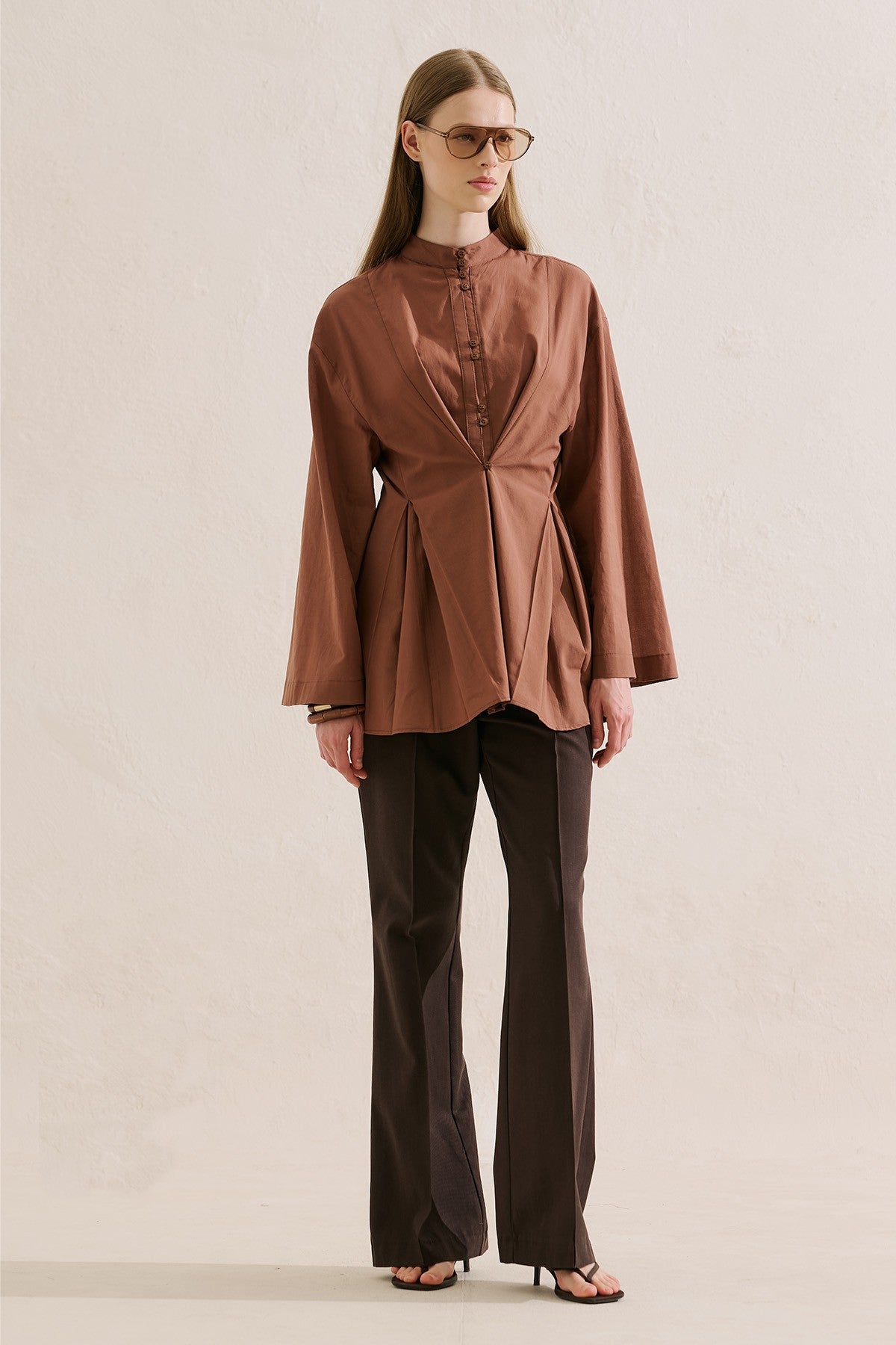 Pleated Buttoned Shirt Sage Warm Coffee