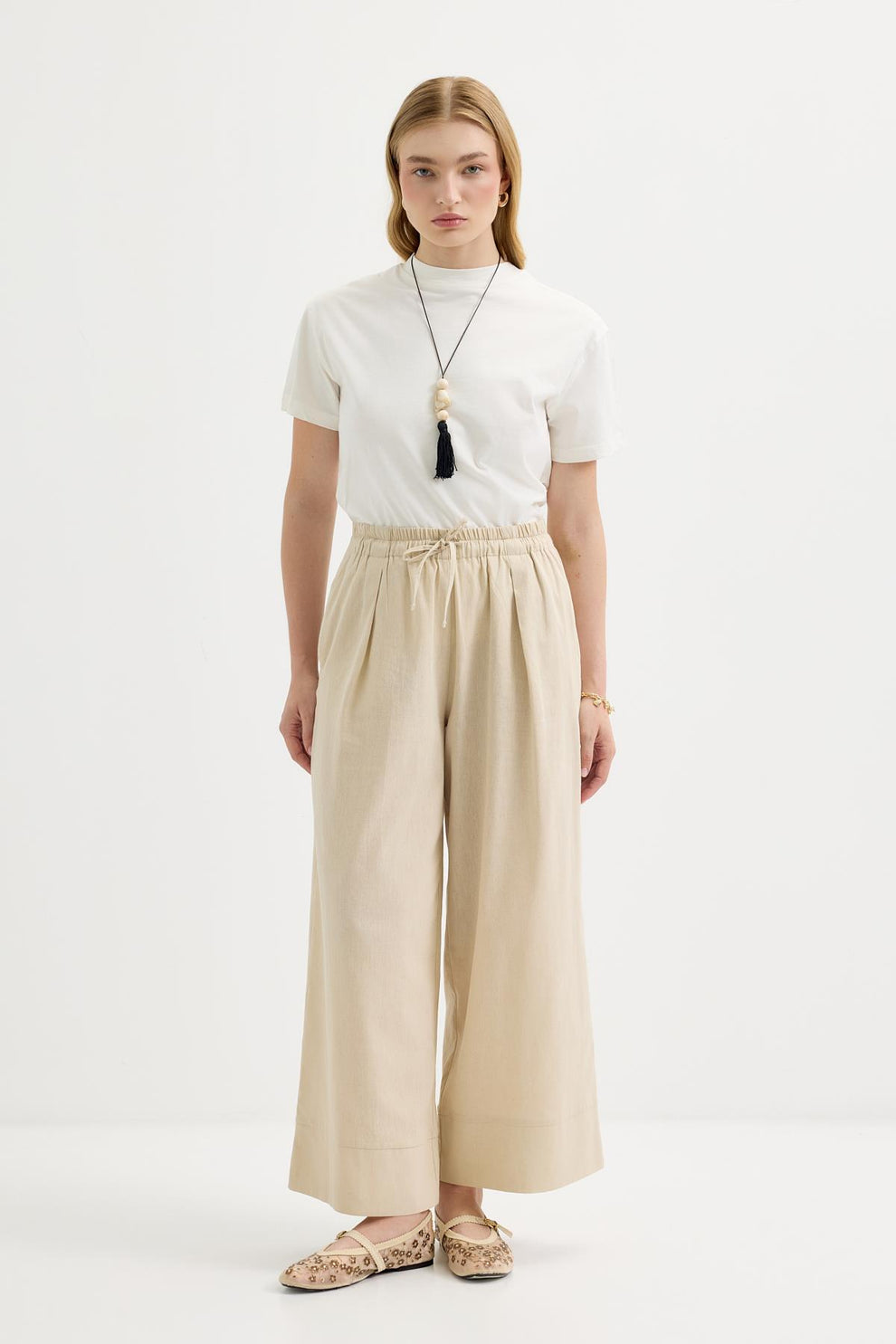 Doren Linen Trousers with Tie Up Light Beige