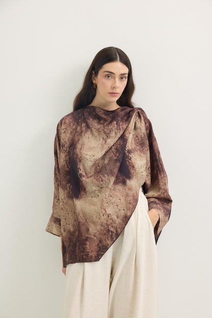 Shawl Collar Patterned Tunic Dark Brown