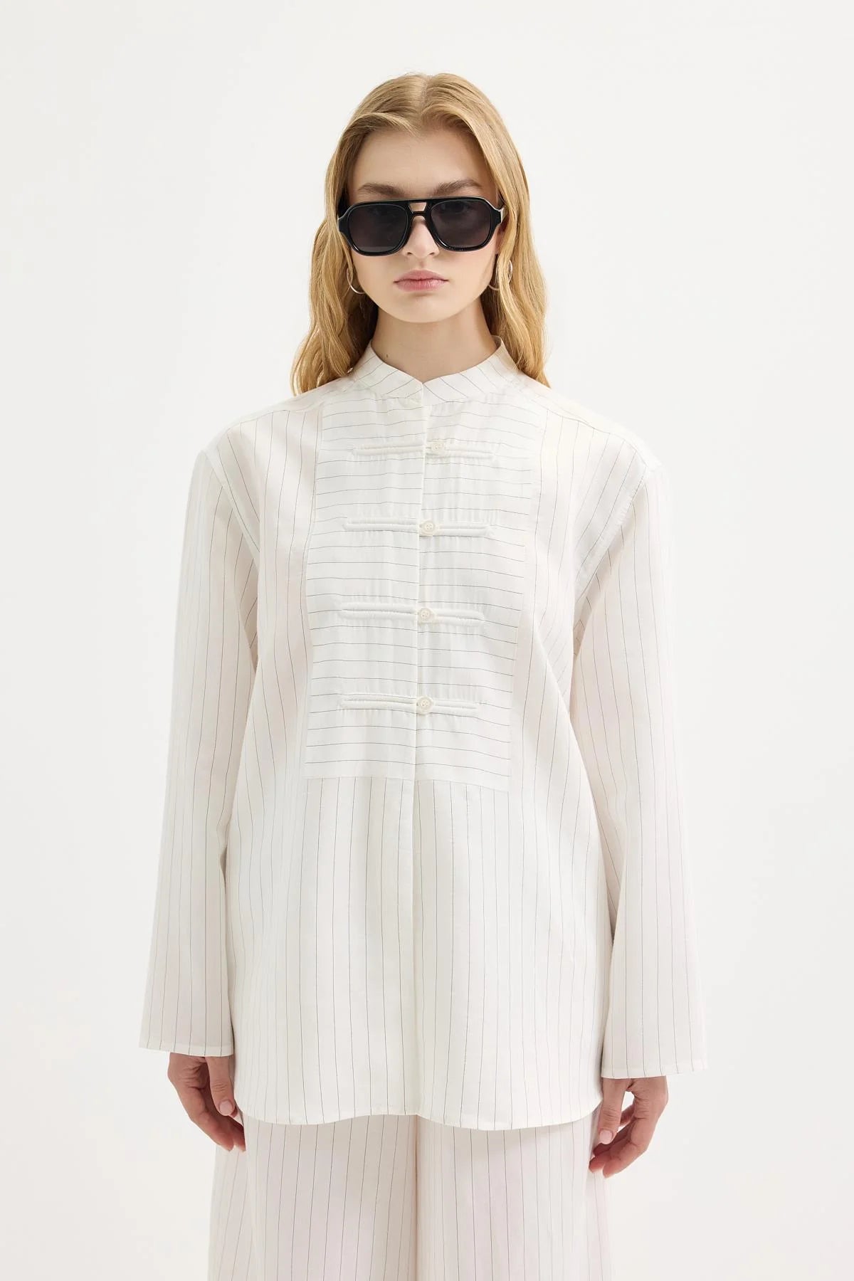 Dory Mandarin Blouse and Trousers Set Ecru