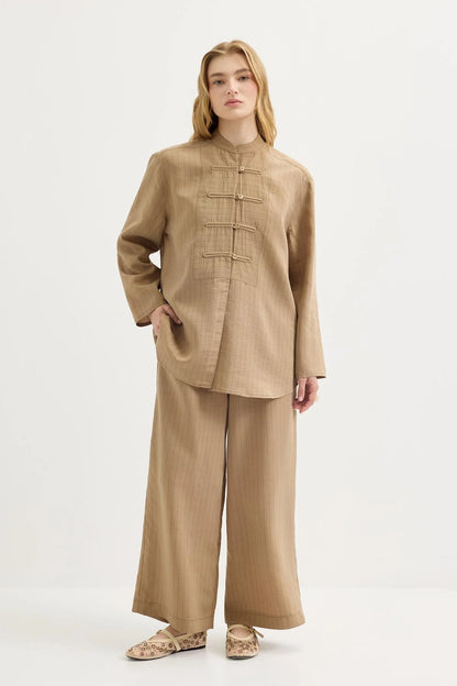 Dory Mandarin Blouse and Trousers Set Camel