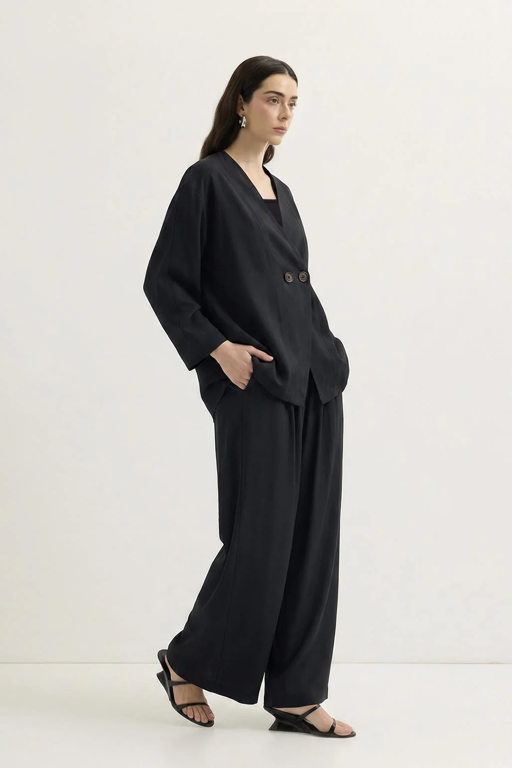 Wrap Front Modal Tunic Trousers Set Black