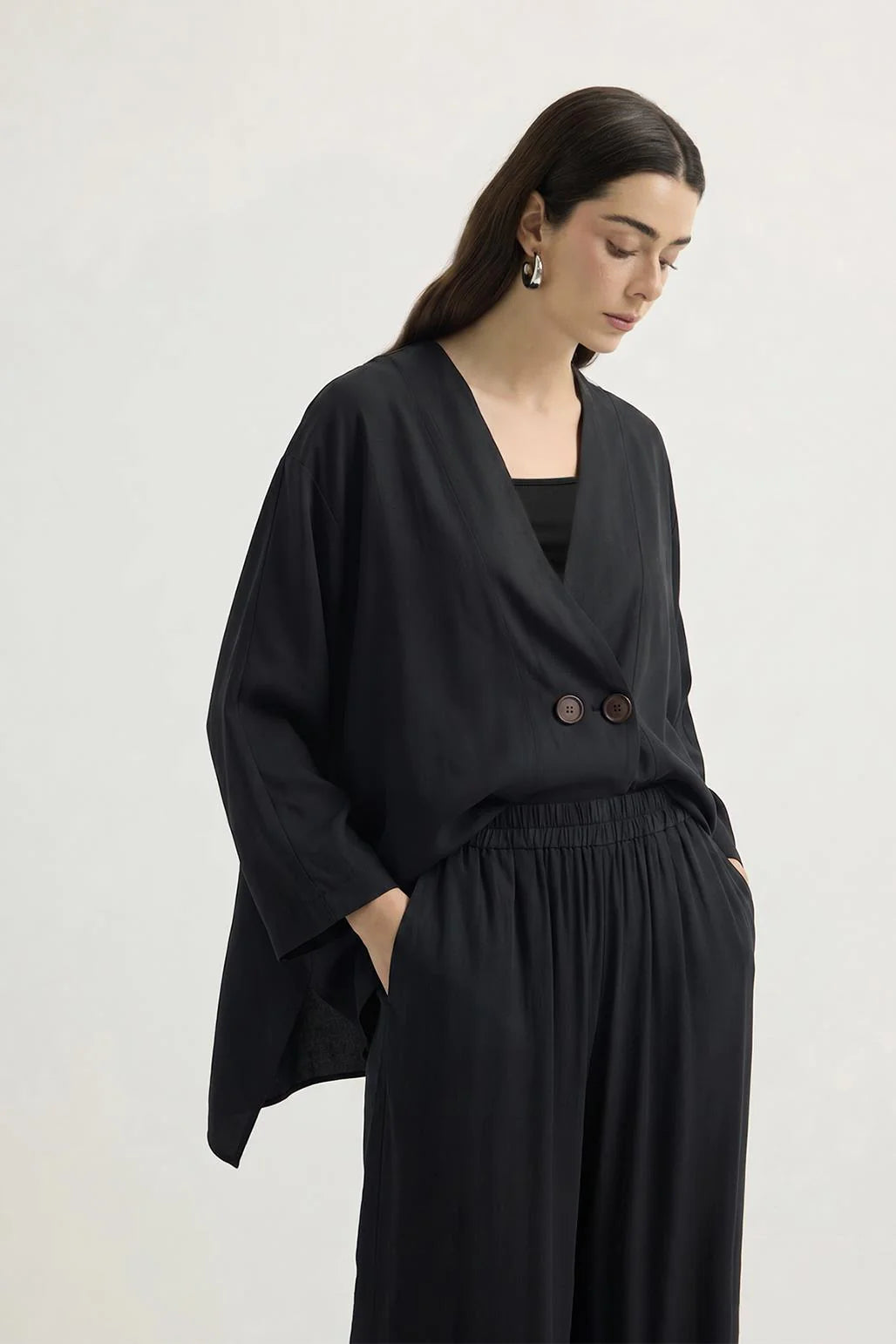 Wrap Front Modal Tunic Trousers Set Black