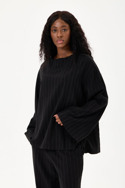 Capri Striped Linen Set Black