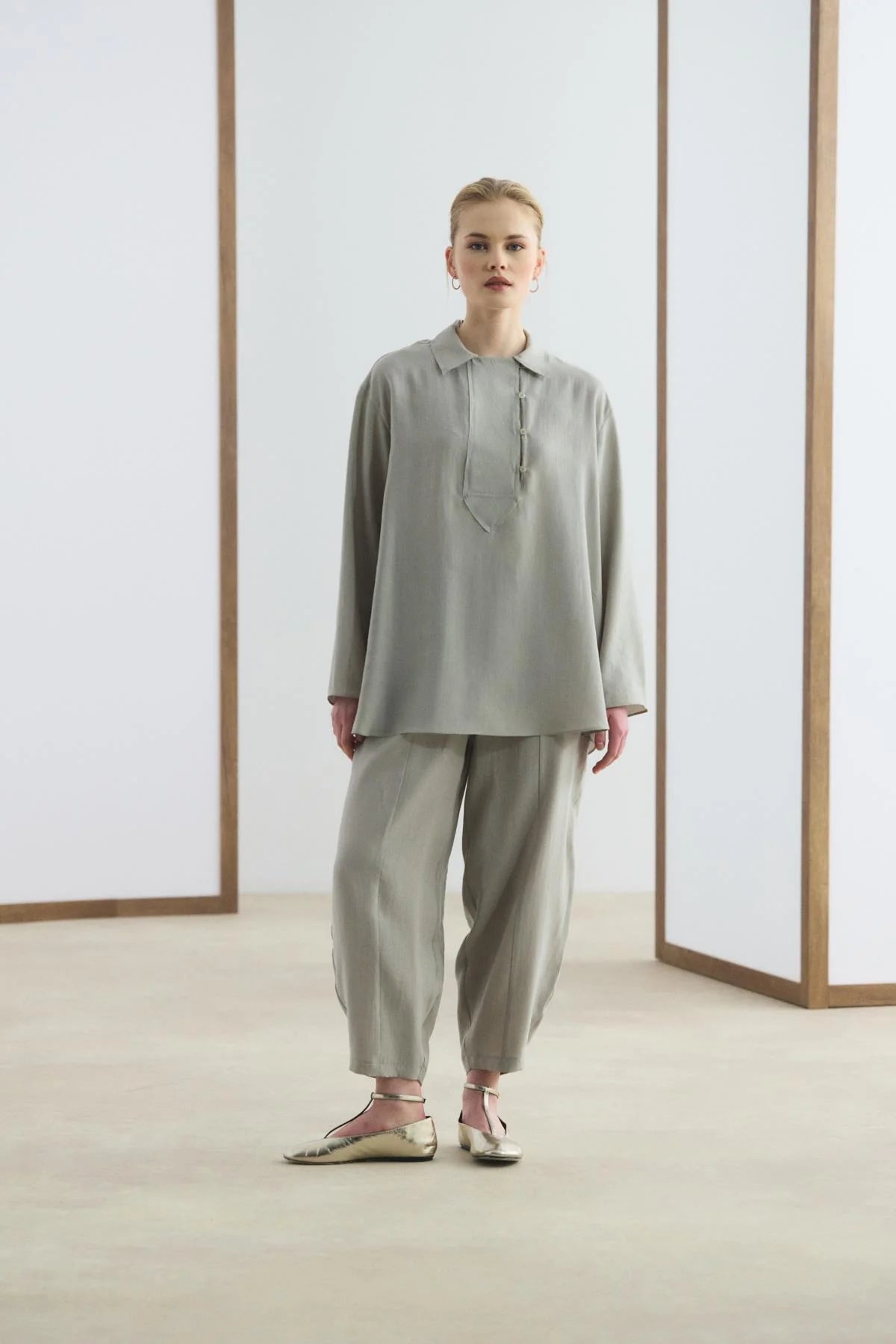 Collar Detail Tencel Tunic Trousers Set