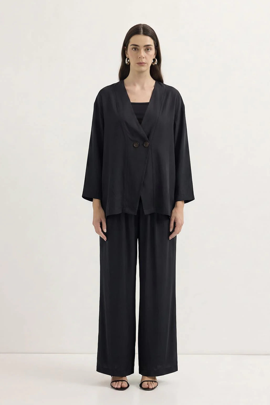Wrap Front Modal Tunic Trousers Set Black