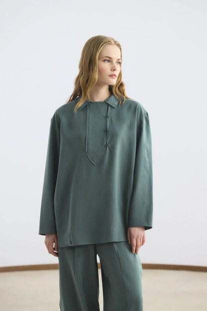 Collar Detail Tencel Tunic Trousers Set