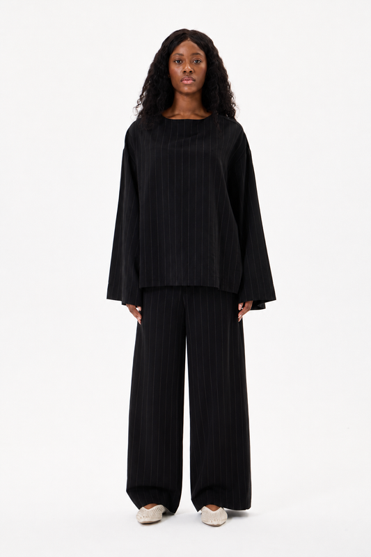 Capri Striped Linen Set Black