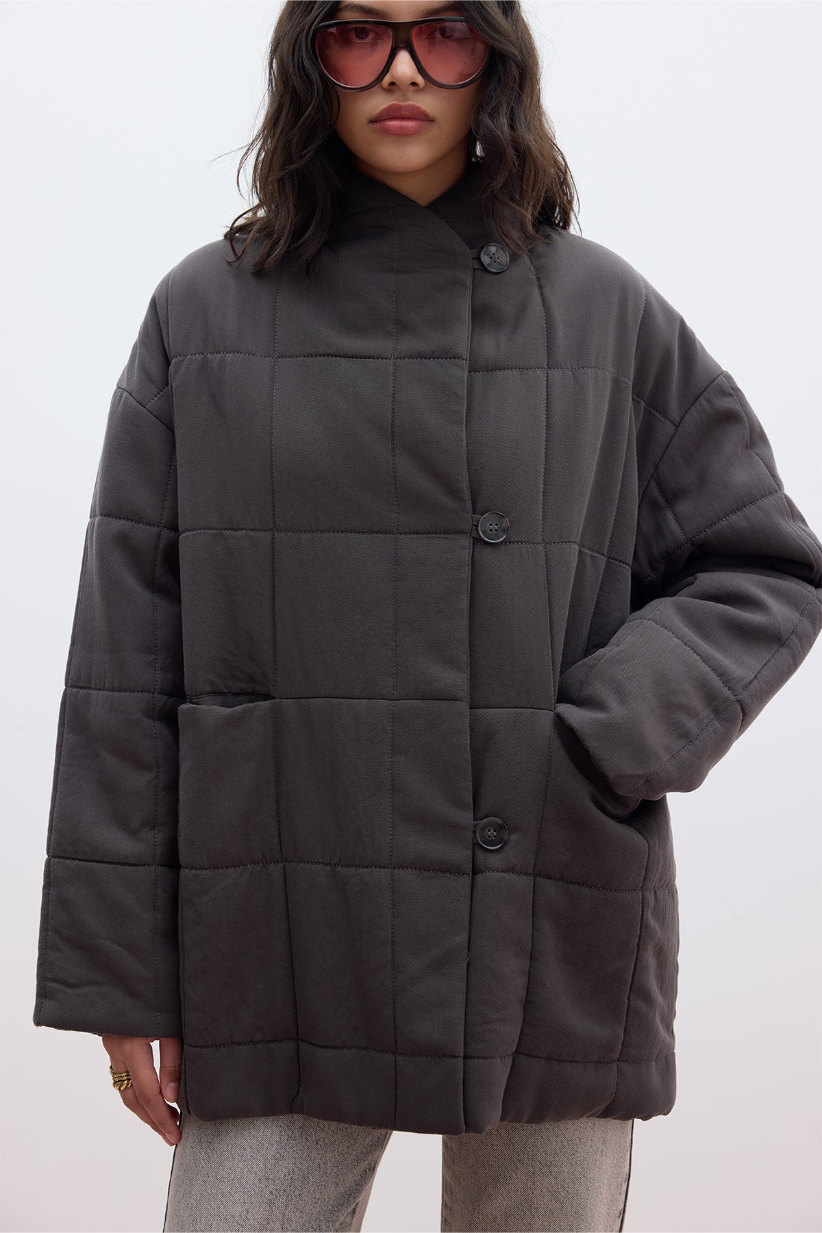 HIGH COLLAR QUILTED COAT ANTHRACITE