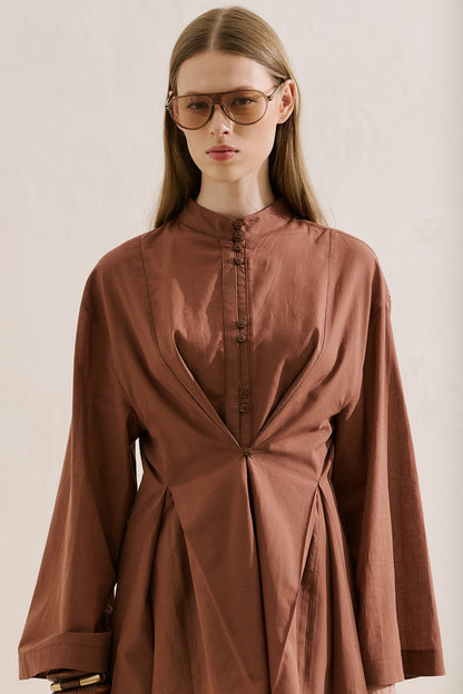 Pleated Buttoned Shirt Sage Warm Coffee