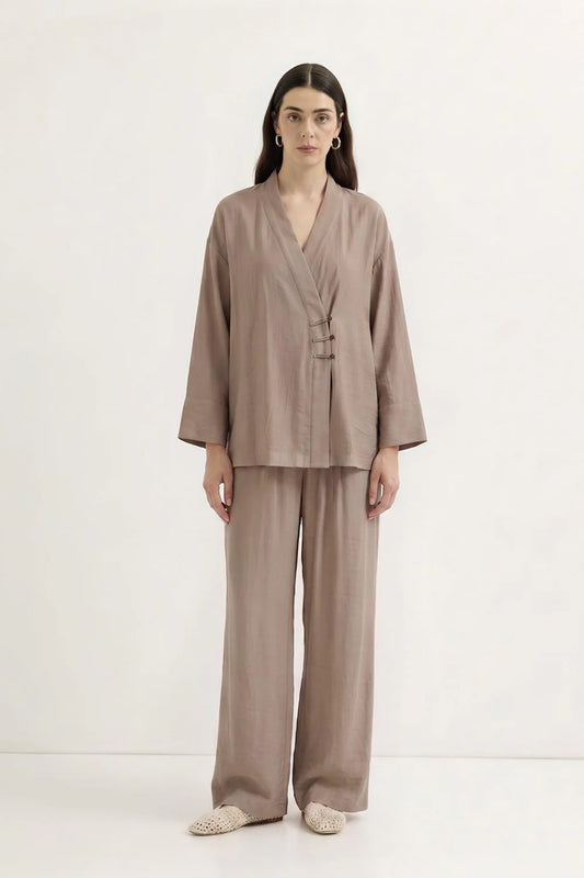 Kimono Trousers Set with Strap Detail Mink