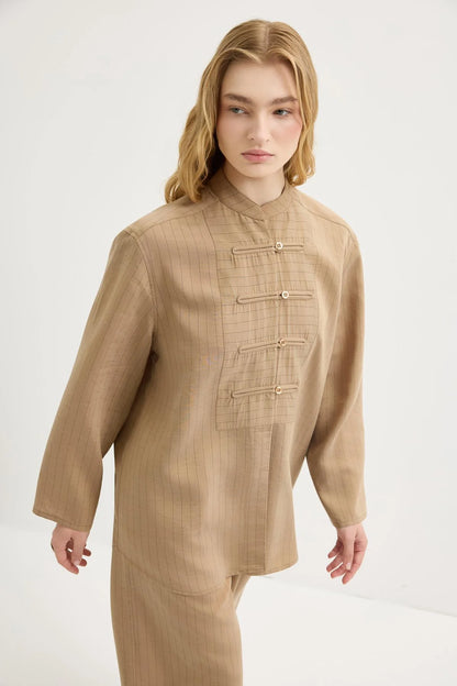 Dory Mandarin Blouse and Trousers Set Camel