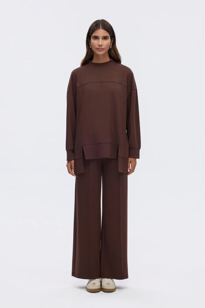 Modal Knit Asymmetrical Cut Co-Ord Set Brown