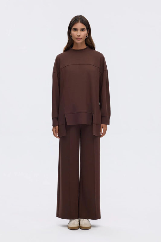 Modal Knit Asymmetrical Cut Co-Ord Set Brown