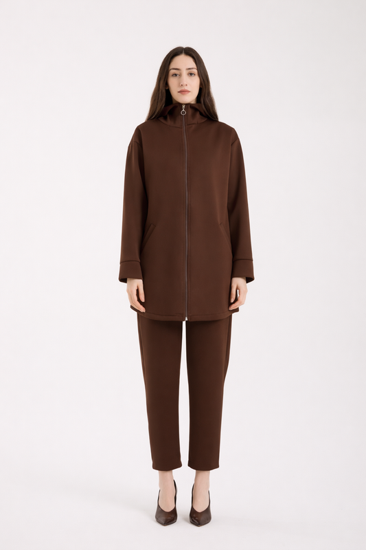 Scuba Zipped Hoodie Set Brown