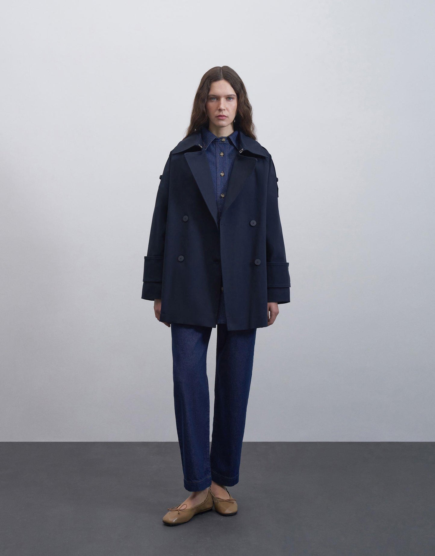 Cuff Detailed Cotton Trench Coat Navy Blue