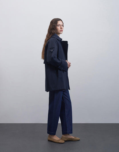 Cuff Detailed Cotton Trench Coat Navy Blue