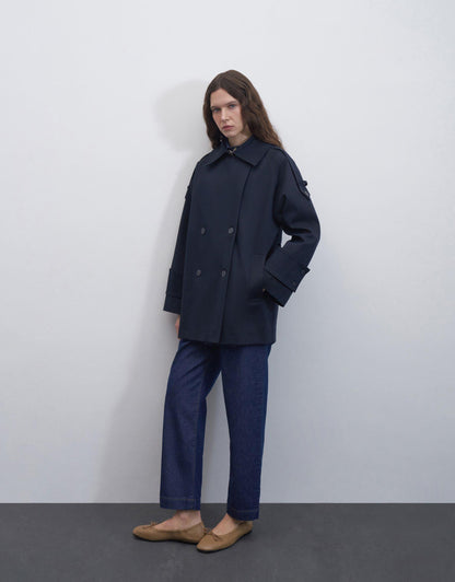 Cuff Detailed Cotton Trench Coat Navy Blue