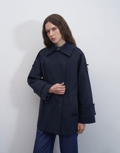 Cuff Detailed Cotton Trench Coat Navy Blue