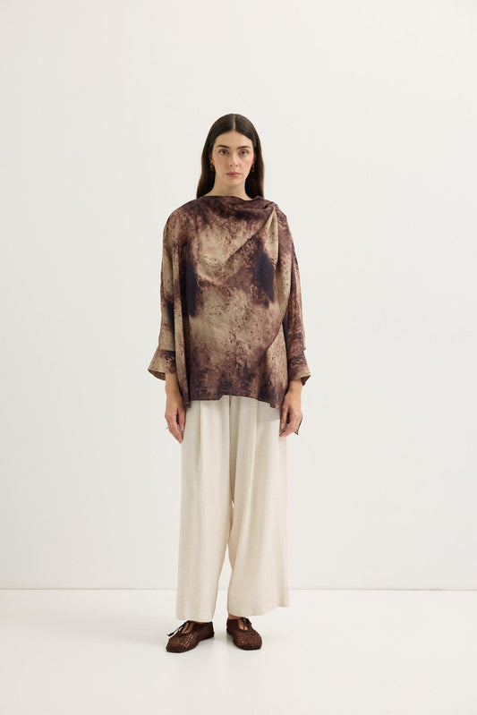 Shawl Collar Patterned Tunic Dark Brown