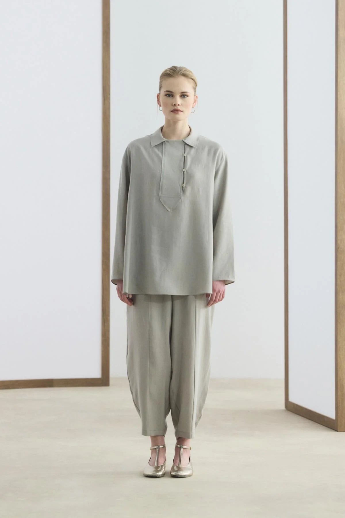 Collar Detail Tencel Tunic Trousers Set