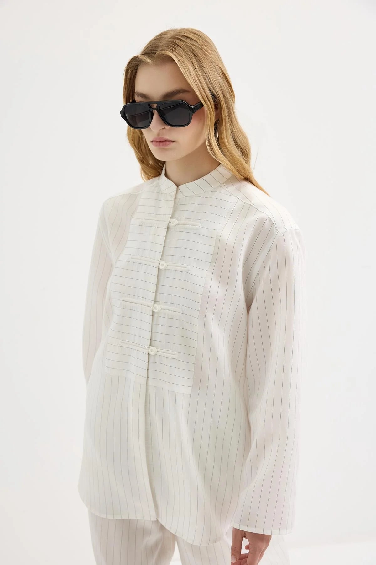 Dory Mandarin Blouse and Trousers Set Ecru