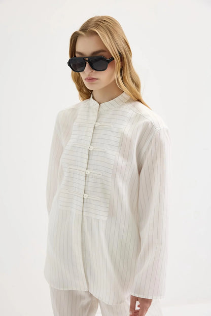 Dory Mandarin Blouse and Trousers Set Ecru