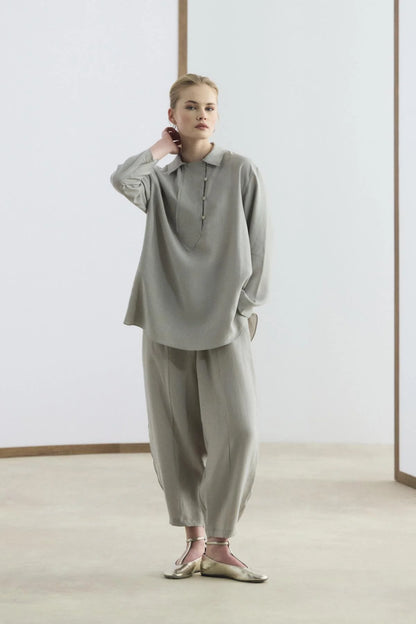 Collar Detail Tencel Tunic Trousers Set
