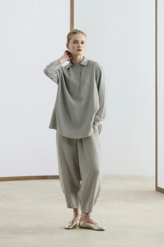 Collar Detail Tencel Tunic Trousers Set