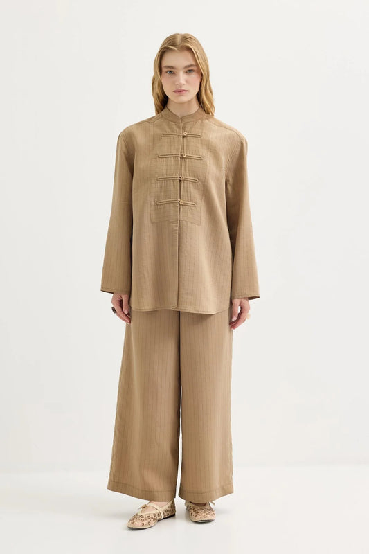 Dory Mandarin Blouse and Trousers Set Camel