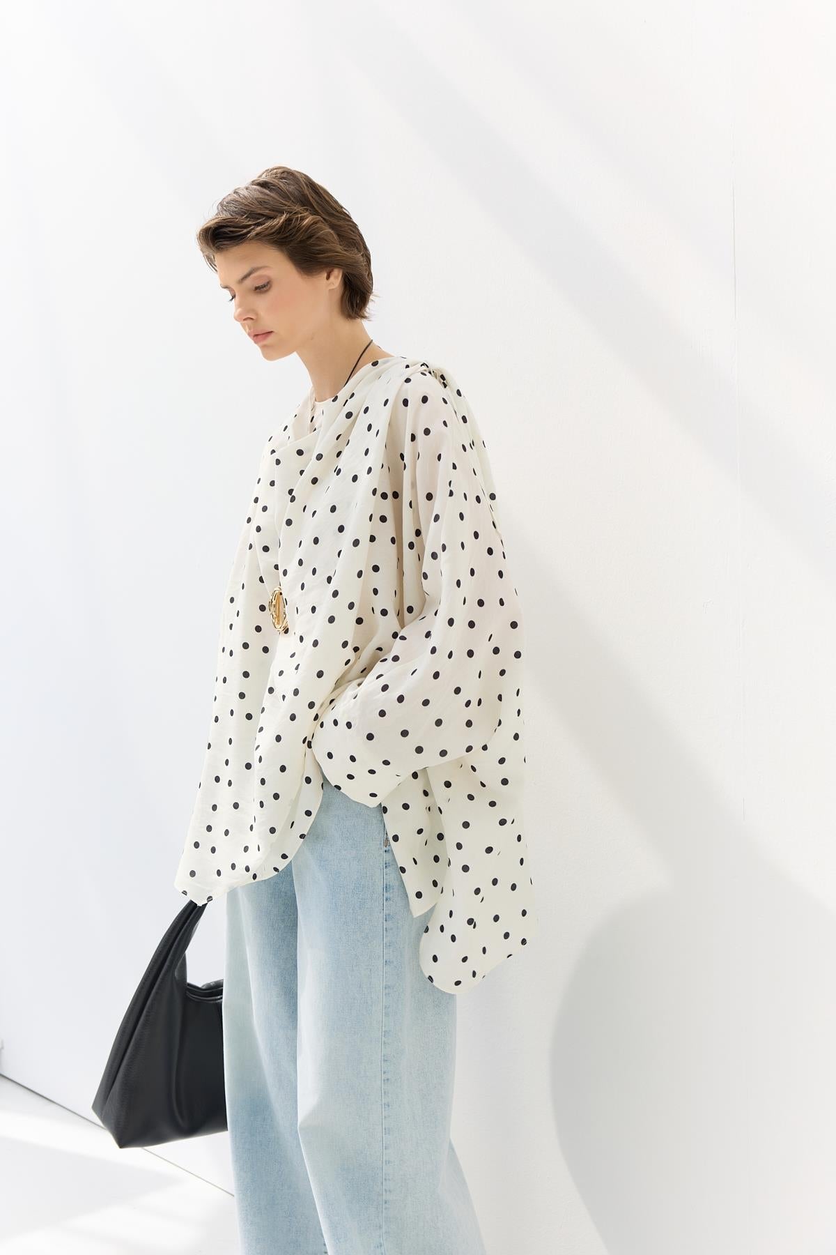 Shawl Collar Polka Dot Patterned Tunic White