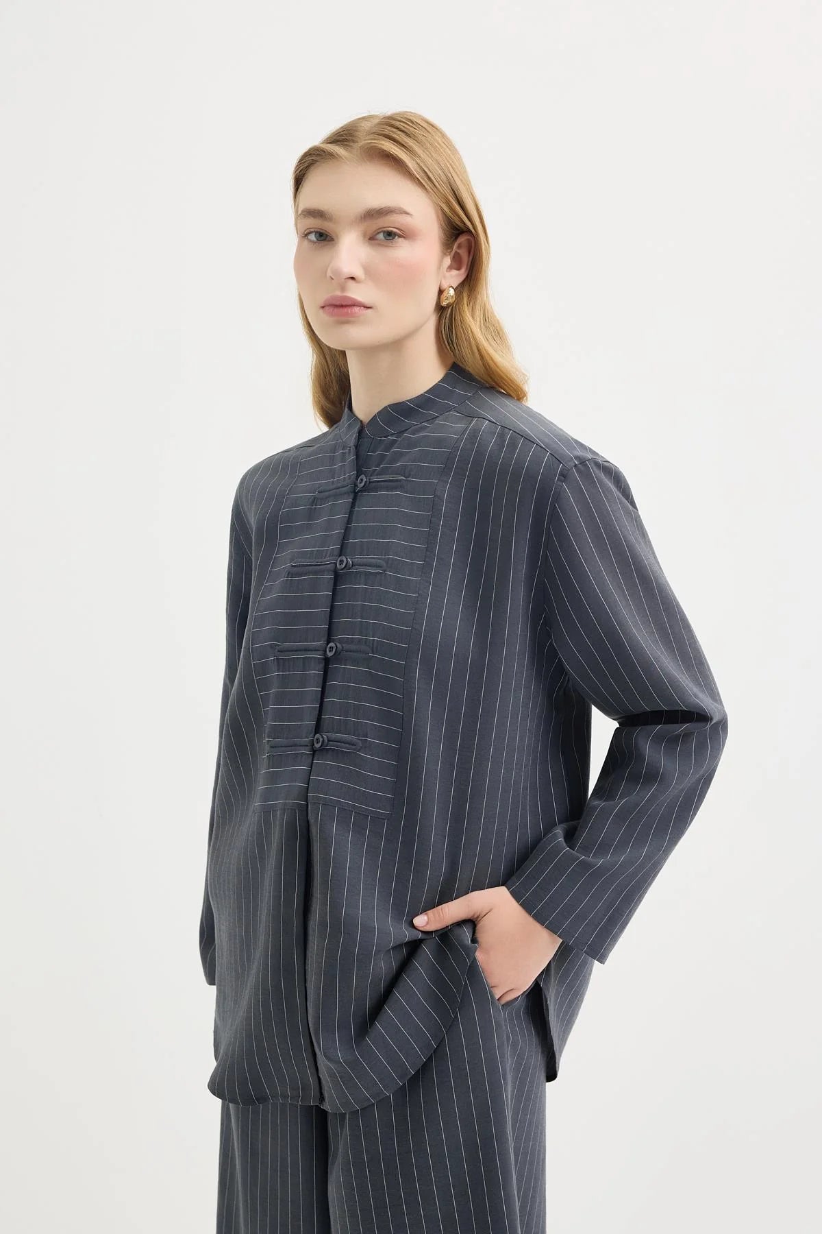 Dory Mandarin Blouse and Trousers Set Indigo