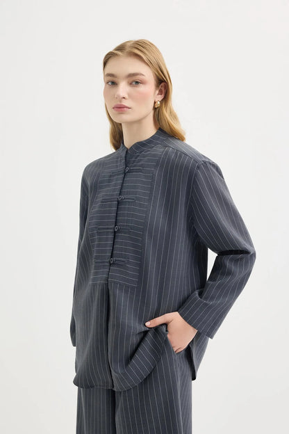 Dory Mandarin Blouse and Trousers Set Indigo