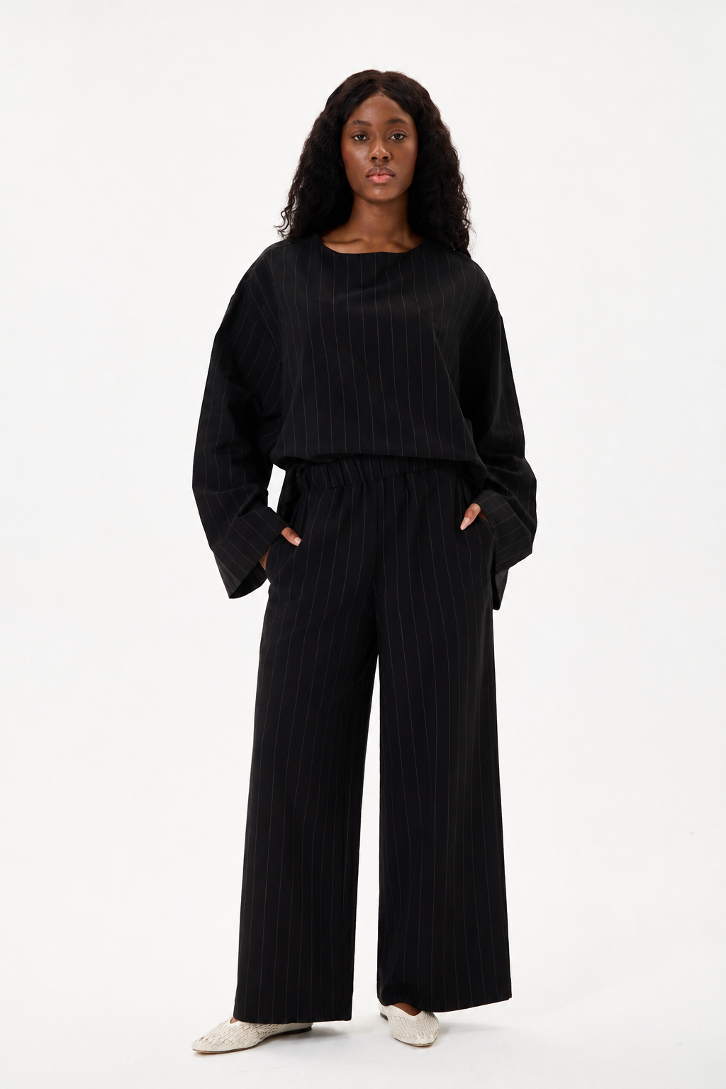 Capri Striped Linen Set Black