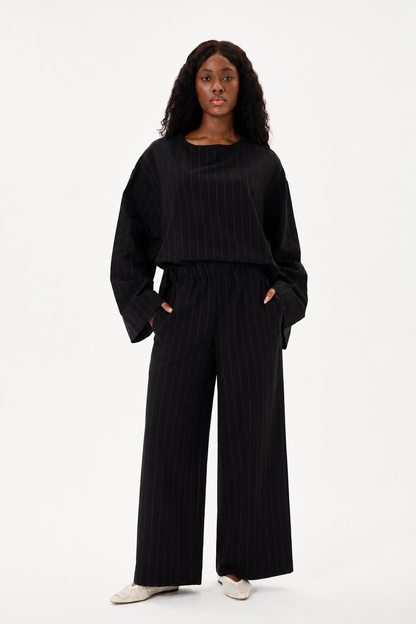 Capri Striped Linen Set Black