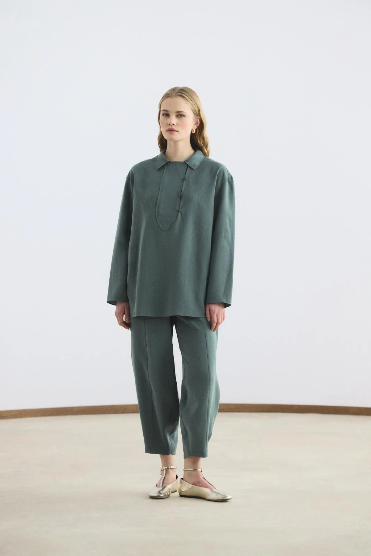 Collar Detail Tencel Tunic Trousers Set