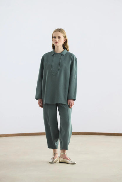Collar Detail Tencel Tunic Trousers Set