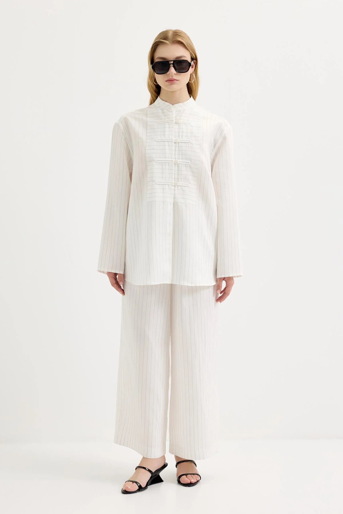 Dory Mandarin Blouse and Trousers Set Ecru