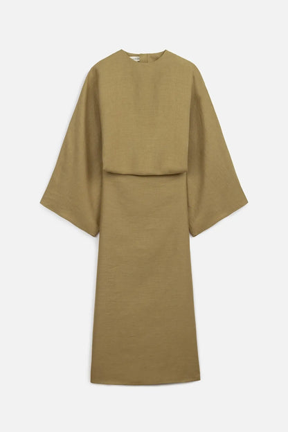 LINEN WIDE TIE DRESS CURRY