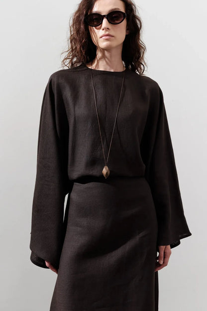 LINEN WIDE TIE DRESS BITTER COFFEE