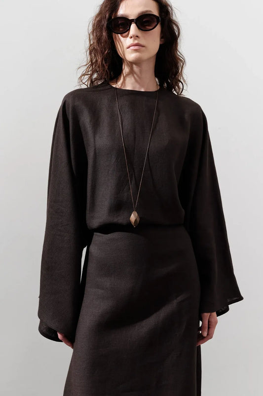 LINEN WIDE TIE DRESS BITTER COFFEE