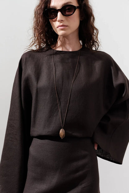 LINEN WIDE TIE DRESS BITTER COFFEE