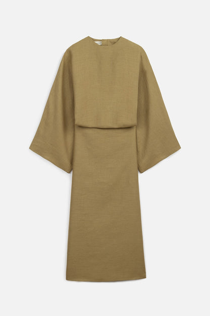 LINEN WIDE TIE DRESS CURRY
