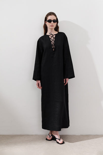 LINEN DRESS WITH TIE DETAILS BLACK