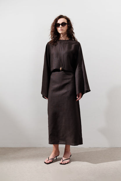 LINEN WIDE TIE DRESS BITTER COFFEE