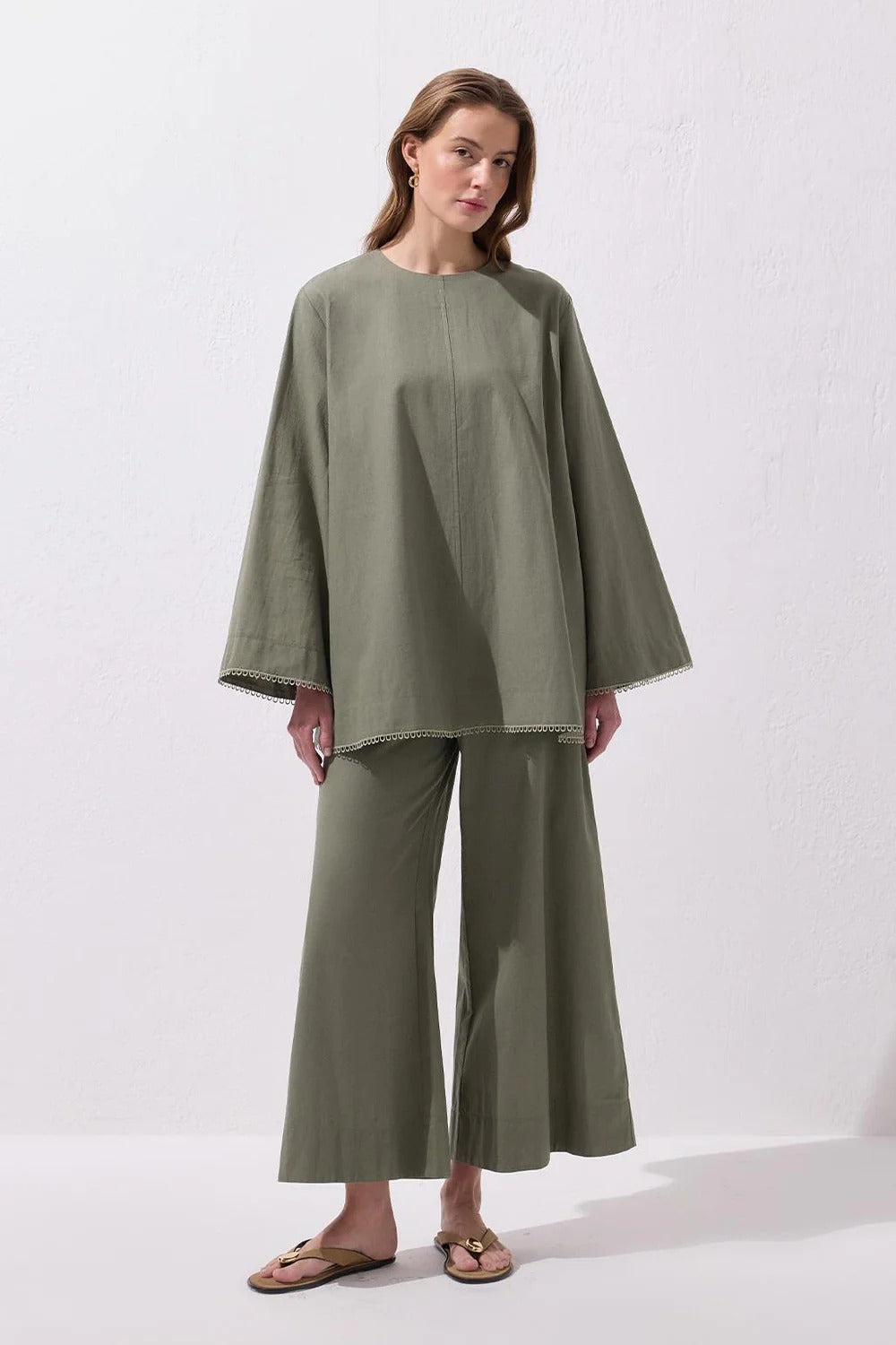 Faye Lace Linen Blouse and Trousers Set Sage Green