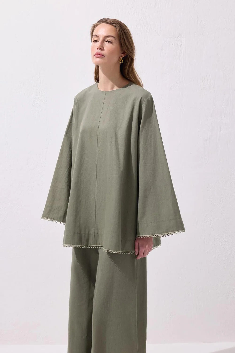 Faye Lace Linen Blouse and Trousers Set Sage Green