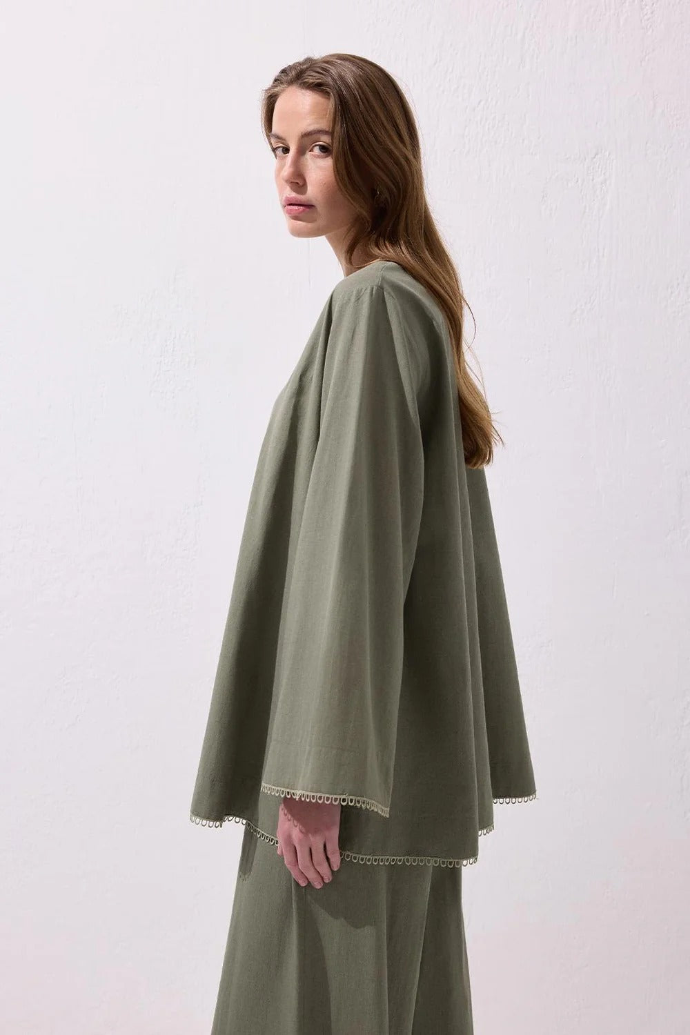 Faye Lace Linen Blouse and Trousers Set Sage Green