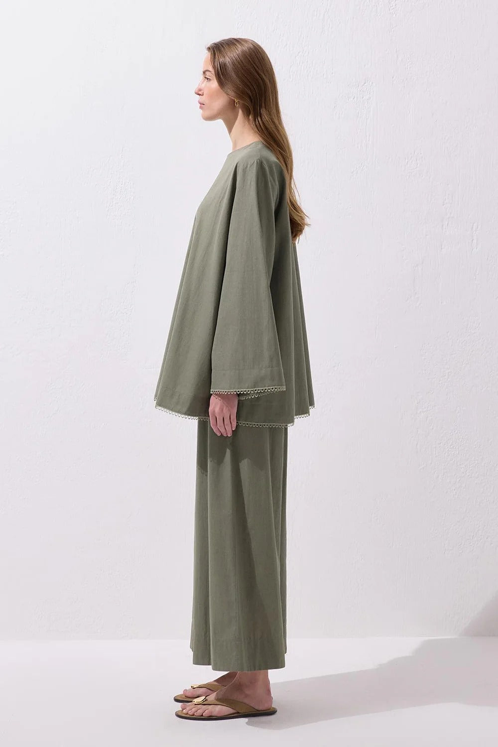 Faye Lace Linen Blouse and Trousers Set Sage Green